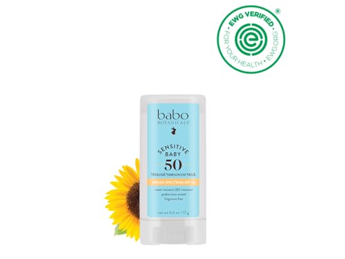 Babo Botanicals Sensitive Baby Mineral Sunscreen Stick SPF 50-70% Organic Ingredients - Zinc Oxide - NSF & Made Safe Certified - EWG Verified - Water Resistant - Fragrance-Free - for Babies & Kids