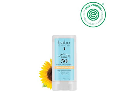 Babo Botanicals Sensitive Baby Mineral Sunscreen Stick SPF 50-70% Organic Ingredients - Zinc Oxide - NSF & Made Safe Certified - EWG Verified - Water Resistant - Fragrance-Free - for Babies & Kids