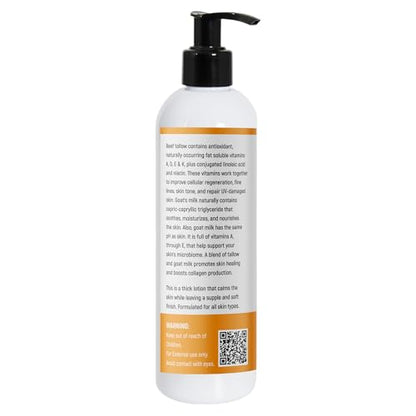 Grass Fed Beef Tallow & Goat Milk Body Lotion for Sensitive Skin, Organic Tallow Lotion - Soothes Dry Patches, Goat Milk Moisturizer - Handmade Tallow Body Lotion (UNSCENTED, 8 Oz)