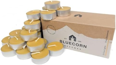 Bluecorn 100% Pure Beeswax Tealight Candles in Metal Cups | Natural Beeswax Candles, Handcrafted in Colorado | Long Burn (4-5 Hours) | Soy, Paraffin, & Fragrance Free, Bulk 24-Pack