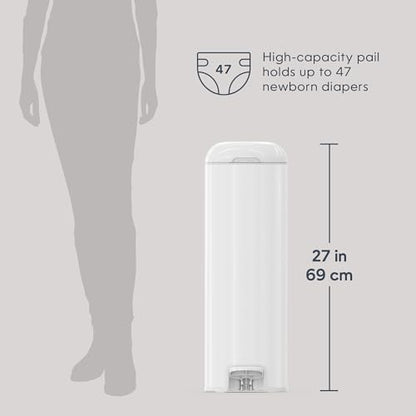 Diaper Genie Platinum Pail (Lilly White) is Made of Durable Stainless Steel and Includes 1 Easy Roll Refill with 18 Bags That can Last up to 5 Months.