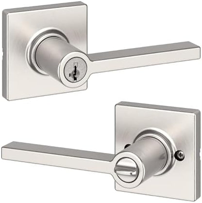 Kwikset Casey Entry Door Handle with Lock and Key, Secure Keyed Reversible Lever Exterior, For Front Entrance and Bedrooms, Satin Nickel , Pick Resistant Smartkey Rekey Security and Microban
