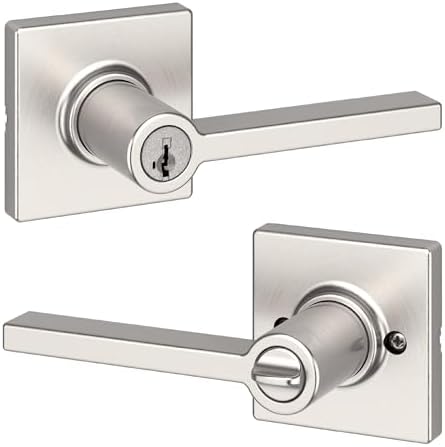 Kwikset Casey Entry Door Handle with Lock and Key, Secure Keyed Reversible Lever Exterior, For Front Entrance and Bedrooms, Satin Nickel , Pick Resistant Smartkey Rekey Security and Microban