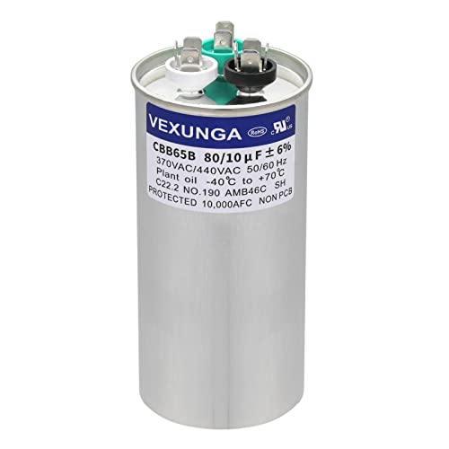80/10 uF 80+10 MFD 370VAC or 440VAC Dual Run Start Round A/C Capacitor CBB65 CBB65B Air Conditioner Capacitors for AC Unit Fan Motor Start or Heat Pump or Condenser Straight Cool