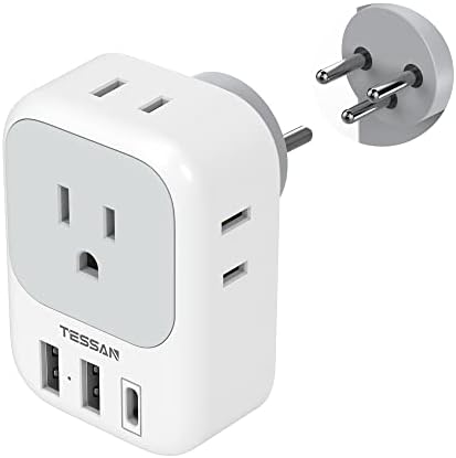 TESSAN Israel Power Adapter, US to Israel Plug Adapter with 4 American Outlets 3 USB Charger (1 USB C Port), Type H Travel Adaptor for USA to Jerusalem