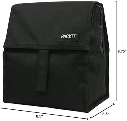 PackIt Freezable Lunch Bag, Black, Built with EcoFreeze Technology, Foldable, Reusable, Zip and Fold Closure with Buckle Handle, Perfect for School and Office Lunches