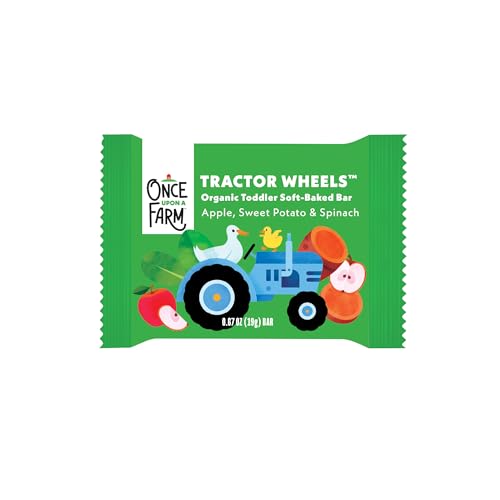 Once Upon a Farm | Organic Toddler Soft-Baked Bar Tractor Wheels | Apple, Sweet Potato & Spinach | Made with Real Fruit & Veggies | No Added Sugar | 8 Boxes