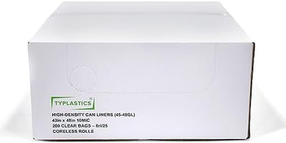 TYPLASTICS 45-48 Gallon Clear Trash Can Liners - 43" x 48" - High Density Garbage Bags - 200 Pack - Multipurpose for Office, Yard, Recycling, Industrial and Commercial
