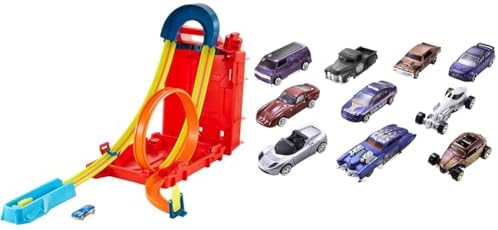 Hot Wheels Track Builder Unlimited Playset Fuel Can Stunt Box, 14 Component Parts & 1:64 Scale Toy Car | Hot Wheels Set of 10 1:64 Scale Toy Trucks and Cars