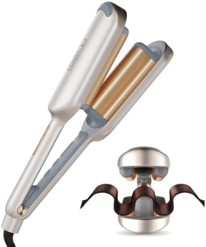 Curling Iron Hair Crimper Waver - TYMO ROVY Beach Waves Curling Wand, Ionic Deep Waver Hair Curler Tool with Ceramic 3 Barrel for Women, Dual Voltage, Anti-Scald, Easy to Use, Elegant Gold, 1.25 Inch