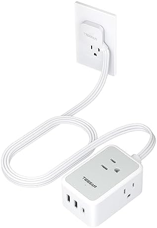 Small Flat Plug Power Strip, TESSAN Ultra Thin Extension Cord with 3 USB Wall Charger (1 USB C), 3 Outlets Mini Charging Station, 5 ft Slim Plug for Cruise Travel Office School Dorm Room Essentials