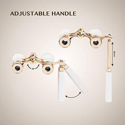 Aomekie Opera Glasses Binoculars 3X25 Theater Glasses Lorgnette Mini Binocular Compact with Handle for Adults Women in Musical Concert（White）