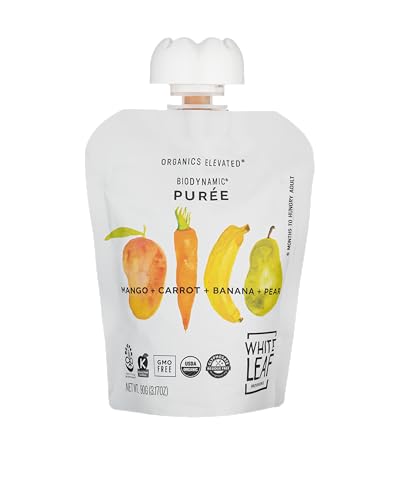 White Leaf Provisions Organic Purees / Baby Food Pouches - Fruits, Veggies & Grains, Toddler snack, Regeneratively Farmed, No Added Sugar, Non-GMO, BPA-Free Pouches 3.17 oz (Pack of 24, Mango + Carrot + Banana + Pear)