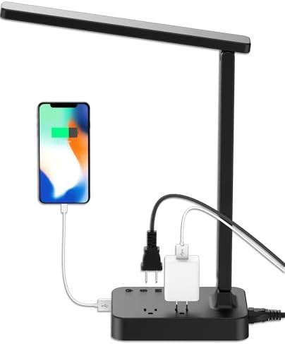 Drevet LED Desk Lamp for College Dorm Room, Desk Light with 1 USB Charging Port 2 AC Power Outlet, 3 Lighting Modes, 3 Level Brightness Touch Lamp, Eye-Caring Home Office Foldable Table Lamp