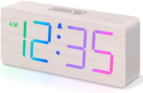 DreamSky Wooden Digital Clock for Bedroom Desk - RGB Loud Alarm Clock for Heavy Sleepers with Volume Control, Large Numbers with Dimmer for Living Room Office, Wood Decor (Adapter Powered)