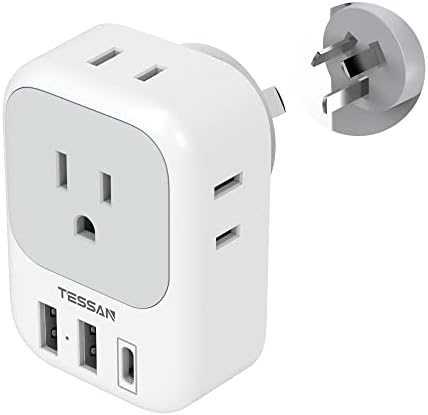 Australia New Zealand Power Adapter, TESSAN Type I Travel Adaptor with 4 American Outlets 3 USB Charger (1 USB C Port), Plug for US to Australian China Argentina Fiji Cook Islands AU