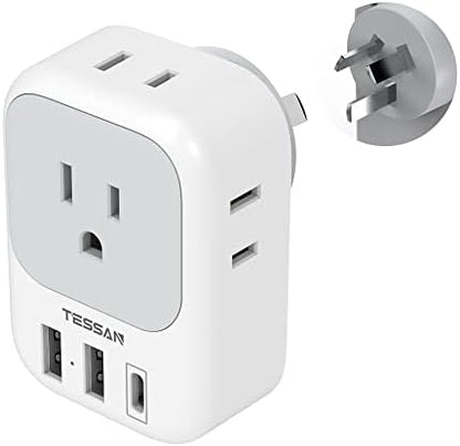 Australia New Zealand Power Adapter, TESSAN Type I Travel Adaptor with 4 American Outlets 3 USB Charger (1 USB C Port), Plug for US to Australian China Argentina Fiji Cook Islands AU