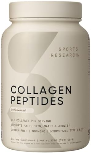 Sports Research Collagen Peptides - Hydrolyzed Type 1 & 3 Collagen Powder Protein Supplement for Healthy Skin, Nails, & Joints - Easy Mixing Vital Nutrients & Proteins, Collagen for Women & Men