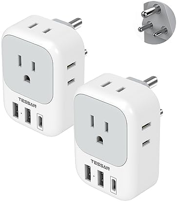 India Plug Adapter 2 Pack, TESSAN Type D Travel Adapter with 4 Outlets 3 USB Charger (1 USB C Port), US to Indian Outlet Adaptor for USA to Bangladesh, India, Kuwait, Maldives