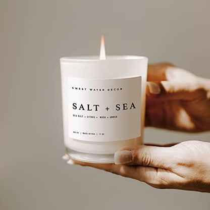 Sweet Water Decor Salt and Sea Candle - Sea Salt, Citrus, Amber, Musk, Beach Scented Soy Candles for Home - 11oz White Glass Jar + Wood Lid, 50+ Hour Burn Time, Made in the USA