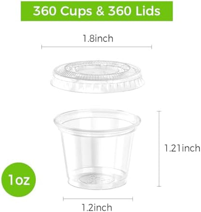 360 Set 1 oz Jello Shot Cups with Lids, Sturdy & Food Safe Disposable Plastic Portion Condiment Dipping Sauce Cups, Small Containers for Salad Dressing