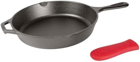 Lodge 12 Inch Cast Iron Skillet with Red Silicone Hot Handle Holder – Pre-Seasoned Frying Pan for Stove, Oven, Grill & Campfire – Made in the USA – Durable, Nonstick Cast Iron Cookware – Black