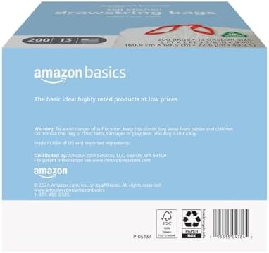 Amazon Basics 13 Gallon Tall Kitchen Drawstring Trash Bags, Clean Fresh Scnet, 10% Post Consumer Recycled, 200 Count