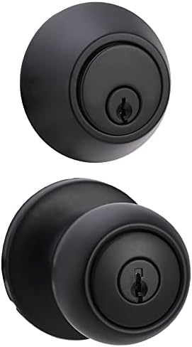 Amazon Basics Exterior Door Knob With Key Lock and Deadbolt, Coastal, Matte Black