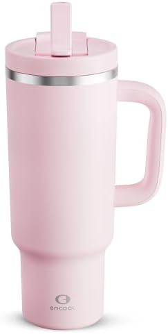 40 oz Tumbler with Handle and Straw: Stainless Steel Insulated Tumbler Keeps Cold for 24 Hours, Leakproof Travel Cup Fits in Cup Holder and BPA-Free, Cotton Candy