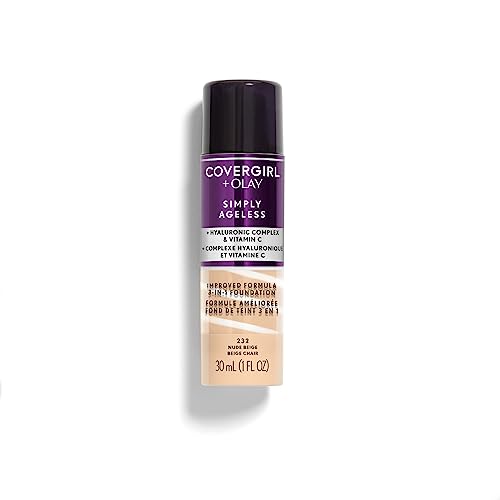 COVERGIRL & olay simply ageless 3-in-1 liquid foundation, nude beige, pack of 2, 1 Ounce