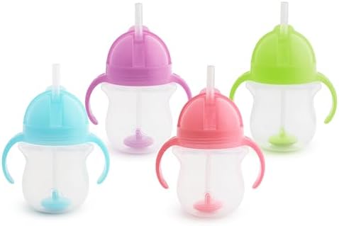 Munchkin Any Angle Sippy Cups for Toddlers, Spill Proof Weighted Straw Cup with Transition Handles for Babies 6 Months and Up, 4 Pack, Blue/Green/Pink/Purple