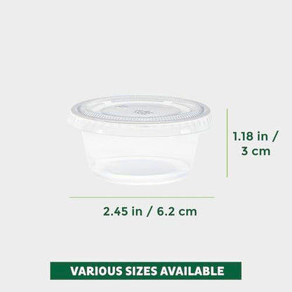 Freshware Plastic Portion Cups with Lids [2 Ounce, 400 Set] Disposable Plastic Cups for Meal Prep, Salad Dressing, Jellos Shot Cups, Souffle Cups, Condiment and Dipping Sauce Cups