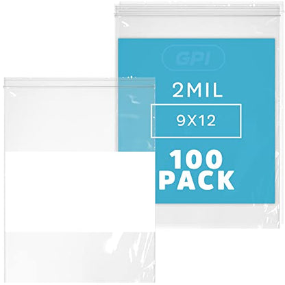 GPI Pack of 100 9" X 12" Clear Plastic Reclosable Zip Bags - Bulk 2 Mil Thick Strong & Durable Poly Baggies with Resealable Zipper Top Lock & Write-on White Block, for Storage, Packaging & Shipping