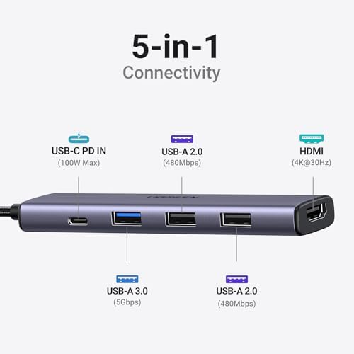 UGREEN Revodok 105 USB C Hub 5 in 1 Multiport Adapter 4K HDMI, 100W Power Delivery, 3 USB-A Data Ports, USB C Dongle for MacBook Pro/Air, iPad Pro, iMac, iPhone 15 Pro/Pro Max, XPS, Thinkpad