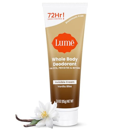 Lume Whole Body Deodorant - Invisible Cream Tube - 72 Hour Odor Control - Doctor Developed - Aluminum Free, Baking Soda Free and Skin Loving - 3.0 Ounce (Vanilla Bliss)