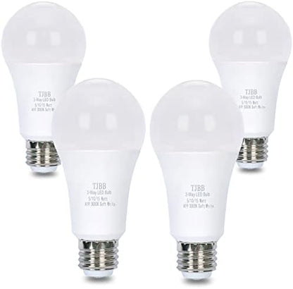 4 Pack 3 Way LED Light Bulbs 50 100 150Watt Soft White 3000K Equivalent, 5/10/15W Three Way Light Bulbs A19 E26 Base, 700 1400 2100 Lumens