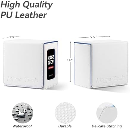 Card Deck Box for MTG Commander - Patented Design, Commander Display, Fits 100 Double-Sleeved Cards, 35pt Card Brick & Dice Tray - White/Blue