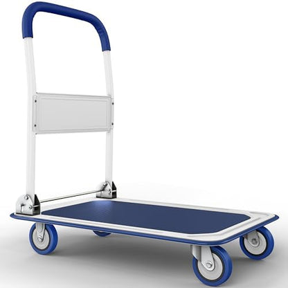 Heavy Duty Foldable Push Cart Dolly | 660 lbs. Capacity | Upgraded Collapsible Hand Truck Platform with Swivel Wheels | Flat Bed Moving Wagon | Space Saving Push Handle (Blue)