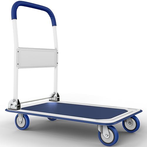 Heavy Duty Foldable Push Cart Dolly | 660 lbs. Capacity | Upgraded Collapsible Hand Truck Platform with Swivel Wheels | Flat Bed Moving Wagon | Space Saving Push Handle (Blue)