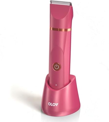 OLOV Electric Body Hair Trimmer - Groin Trimmer for Men - Bikini Trimmer Women - Wet/Dry Shaver Groomer, Replaceable Ceramic Blade Heads, USB Recharge Dock, Waterproof Hygiene Razor, Red
