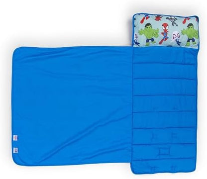 Jay Franco Toddler Nap Mat with Built-in Pillow and Blanket - Soft 46 x 20-inch Microfiber Kids Sleeping Bag for School or Sleepover, Blue - Spidey & His Amazing Friends