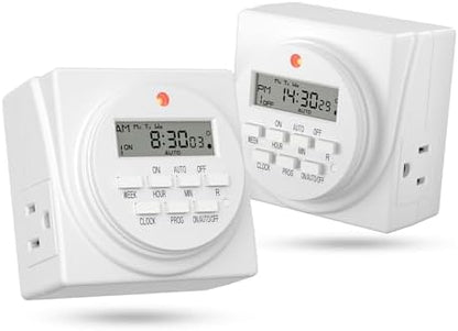 BN-LINK 7-Day Heavy Duty Digital Programmable Timer, 120V, 60Hz, Dual Outlet forLight, ETL Listed (2-Pack)