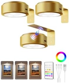 EZVALO Picture Lights for Wall, 2000mAh Rechargeable Battery Magnetic Poster Lights with 3 Color Temps & 12 RGB, Remote Dimmable Timer Painting Light, Wall Decor Light for Art Display, Frame (3 Pack)
