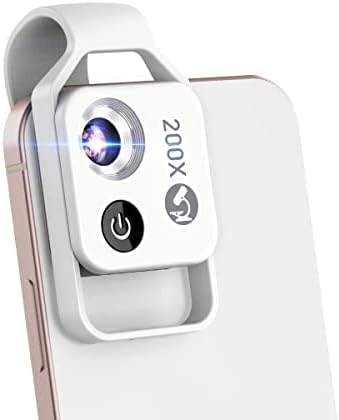 200X Phone Mini Pocket Microscope with LED Light/Universal Clip, Nano Zoom Portable Digital Microscope Camera Attachments for 99% Smartphone, Microworld for Kids Adults (White 200X with CPL)