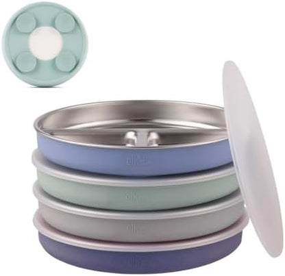 Elk and Friends Stainless Steel Divided Plates with Silicone Sleeve for Babies & Toddlers | Lids Included | Stay Put Suction | Dinner & Snack Plates | 4 Pack