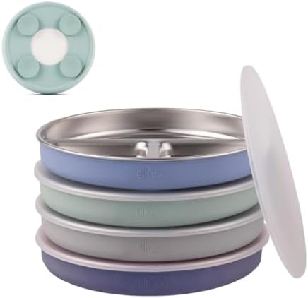 Elk and Friends Stainless Steel Divided Plates with Silicone Sleeve for Babies & Toddlers | Lids Included | Stay Put Suction | Dinner & Snack Plates | 4 Pack
