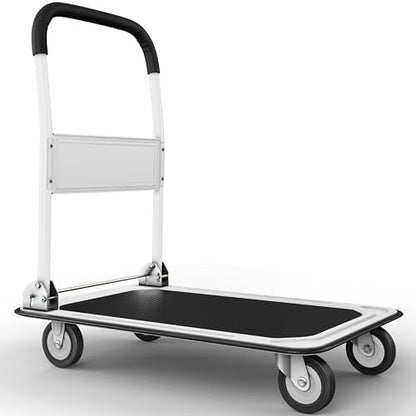 Upgraded Foldable Push Cart Dolly | 330 lbs. Capacity Moving Platform Hand Truck | Heavy Duty Space Saving Collapsible | Swivel Push Handle Flat Bed Wagon (White, 660 lbs. Capacity)