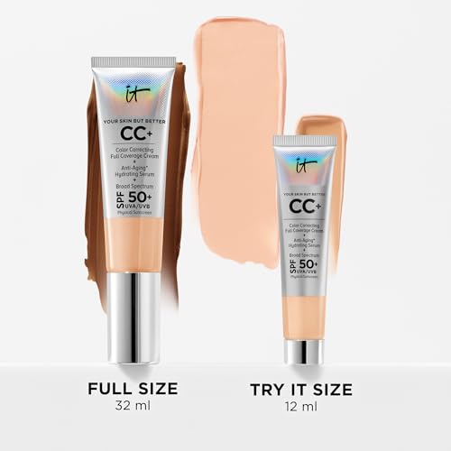 IT Cosmetics CC+ Cream - Full-Coverage Foundation With SPF 50, Color Corrector & Anti-Aging Serum, Formulated With Niacinamide & Hyaluronic Acid, Natural Finish, For All Skin Types, 1.08 fl oz