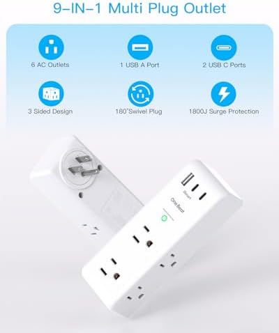 Surge Protector Outlet Extender with Rotating Plug, 6 AC Multi Plug Outlet with 3 USB Ports (2 USB C), 1800 Joules, 3-Sided Swivel Power Strip with Spaced Outlet Splitter for Home, Office, Dorm, White
