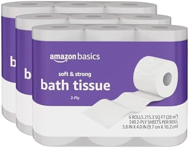 Amazon Basics Soft and Strong 2-Ply Toilet Paper, 18 Ultra Rolls = 72 Regular Rolls, Unscented, 340 Sheet (3 Packs of 6)